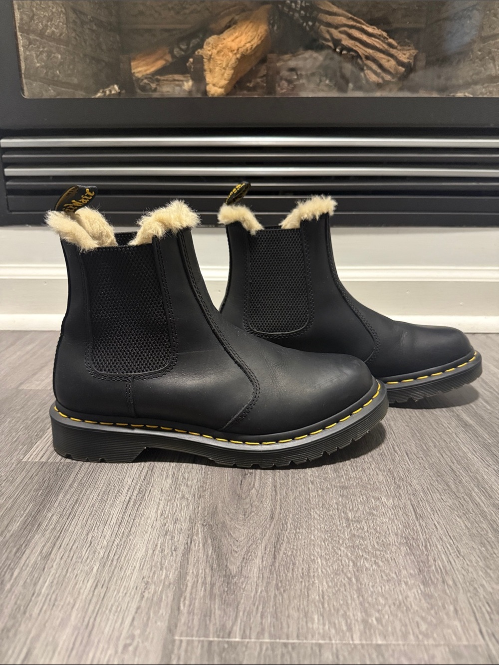 Dr. Martens Black Leather Chelsea Boots with Cream Faux Fur Trim - Picture 6 of 8